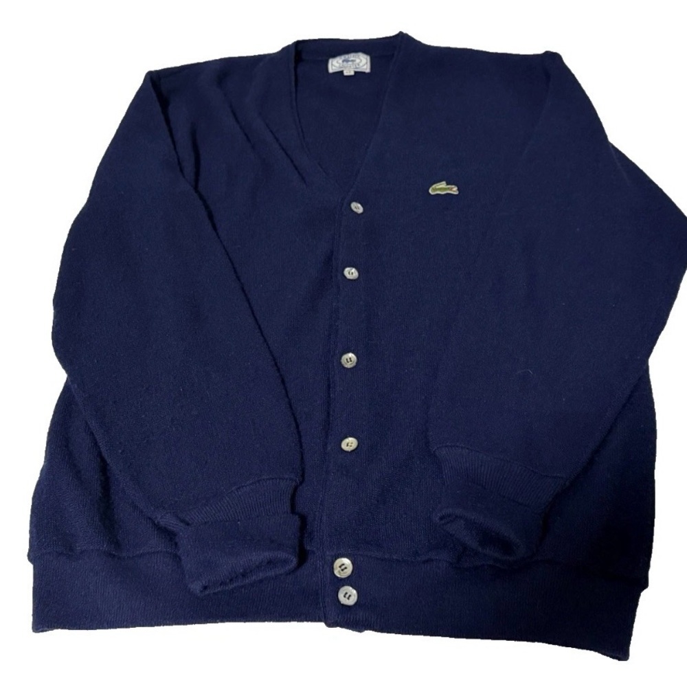Vintage Izod Lacoste Sweater Size XL Blue Knit Cardigan Union Made In USA